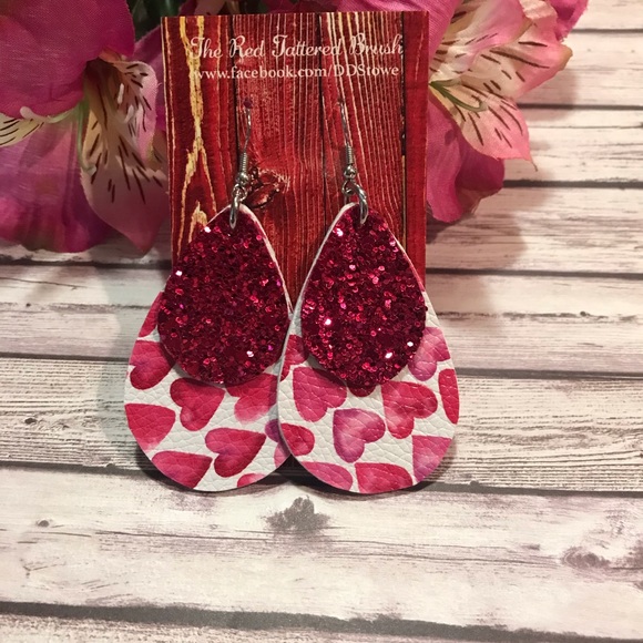 Faux Leather Earrings Valentine Hearts Pink 2.5” - Picture 3 of 7